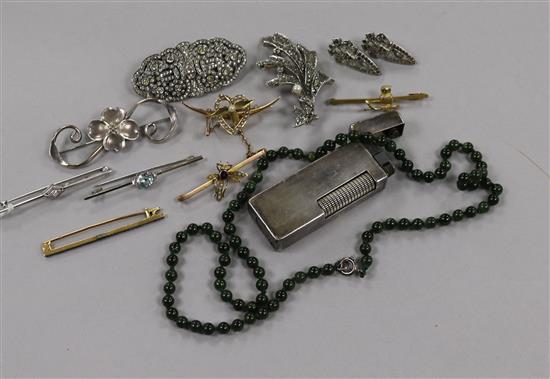 Six various gem set bar brooches including gold, a Dunhill lighter and mixed costume jewellery.